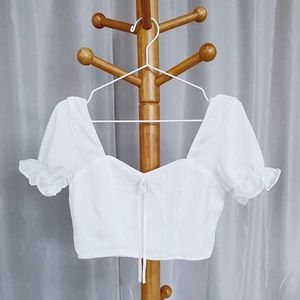 White Puff Sleeve Self Tie Cropped Blouse